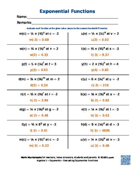 evaluating exponential functions worksheet algebra 1